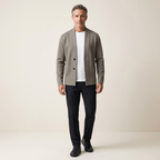 Men's lightweight beige blazer, button-front, long sleeves, side pockets.
