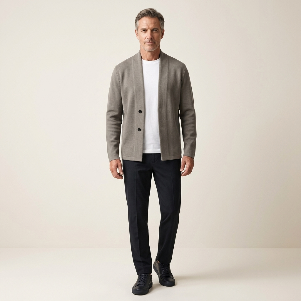 Men's lightweight beige blazer, button-front, long sleeves, side pockets.