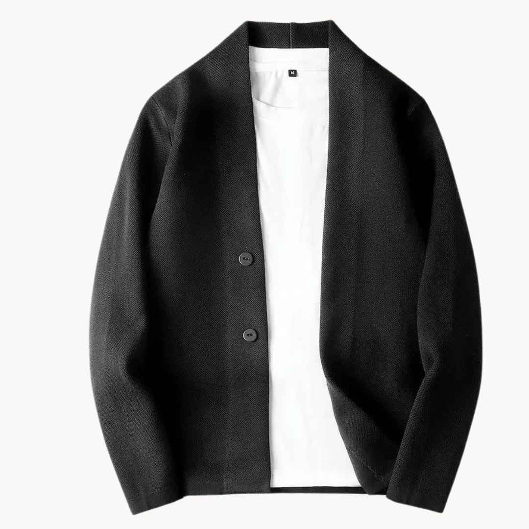 Men's black blazer with notch lapels and two-button front