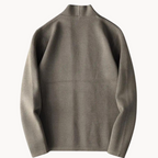 Men's taupe blazer back view with stand collar and clean seams