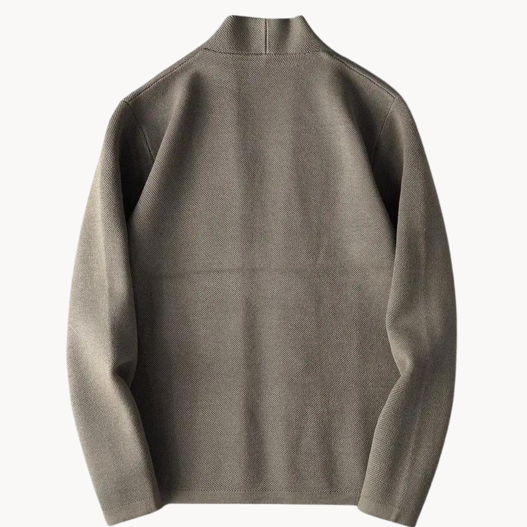Men's taupe blazer back view with stand collar and clean seams
