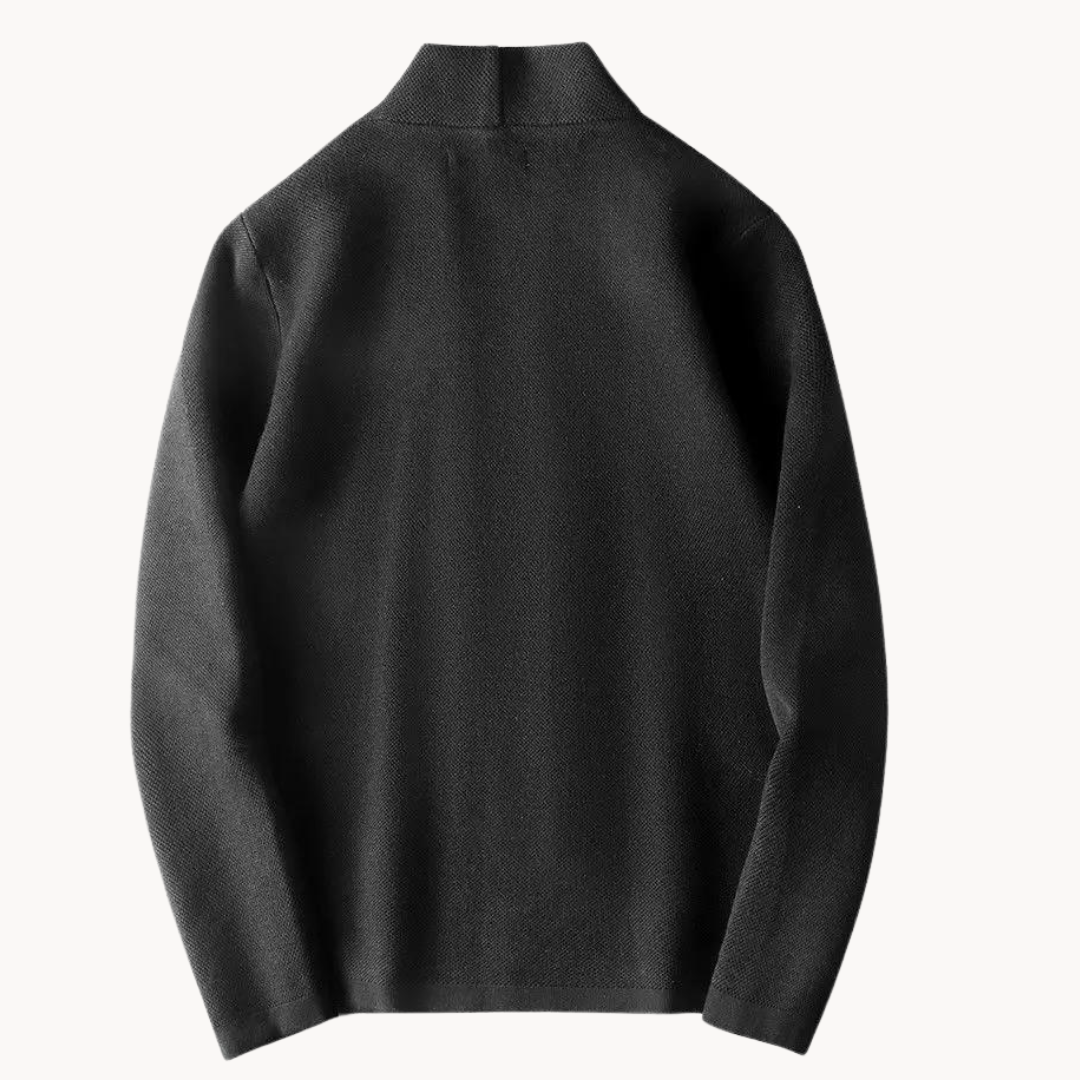 Men's black blazer back view with stand collar and clean seams