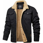 Black bomber jacket with tan sherpa lining, sherpa collar, button front, chest pockets