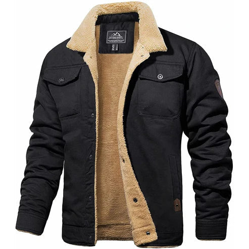 Black bomber jacket with tan sherpa lining, sherpa collar, button front, chest pockets