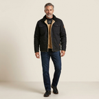 Men's black bomber jacket with zip front, ribbed cuffs and hem, flap pockets