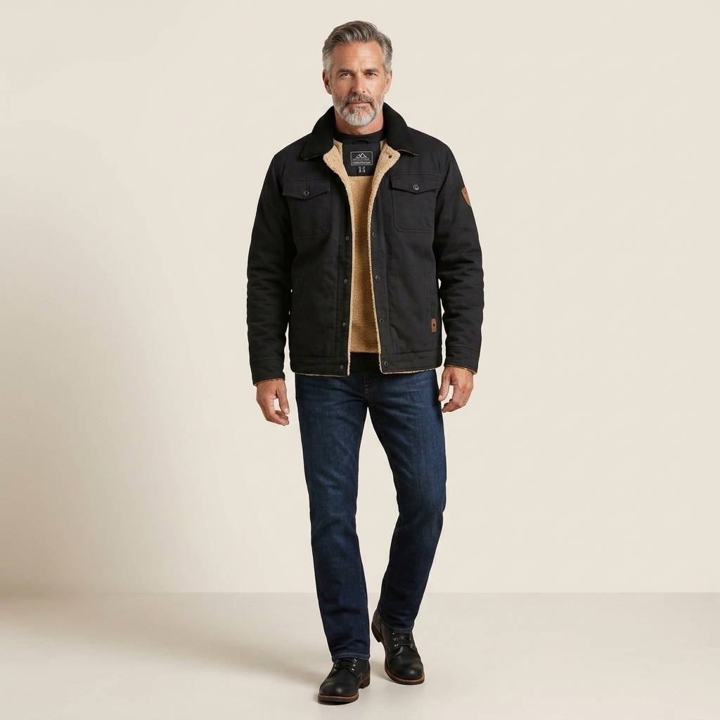 Men's black bomber jacket with zip front, ribbed cuffs and hem, flap pockets