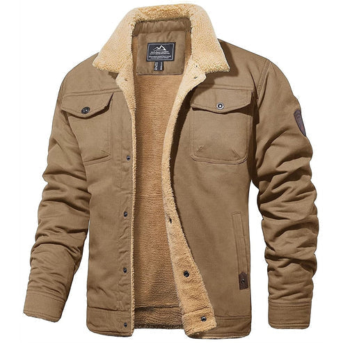 Brown bomber jacket with tan sherpa lining and collar, button front, flap chest pockets