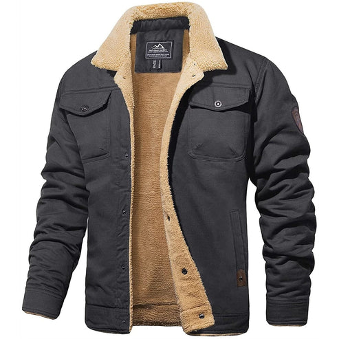 Black bomber jacket with tan sherpa lining, sherpa collar, button placket, utility pockets