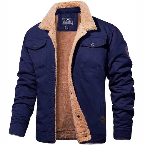 Navy bomber jacket with tan sherpa lining and collar, button front, flap chest pockets