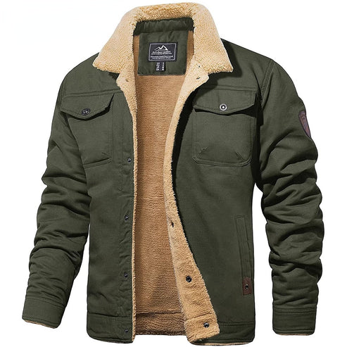 Green bomber jacket with tan sherpa lining, sherpa collar, button front, flap chest pockets