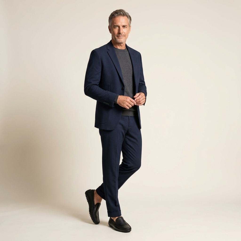 Men's leather loafers, dark navy slip-on style with low heel