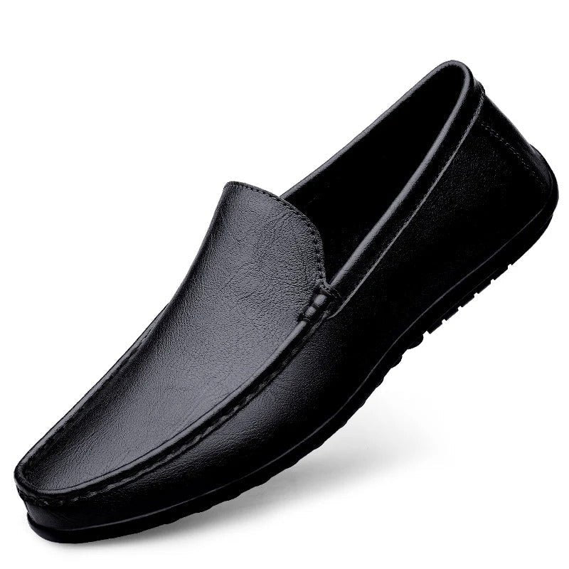 Men’s black leather slip-on loafer with moc toe stitching and dark rubber sole