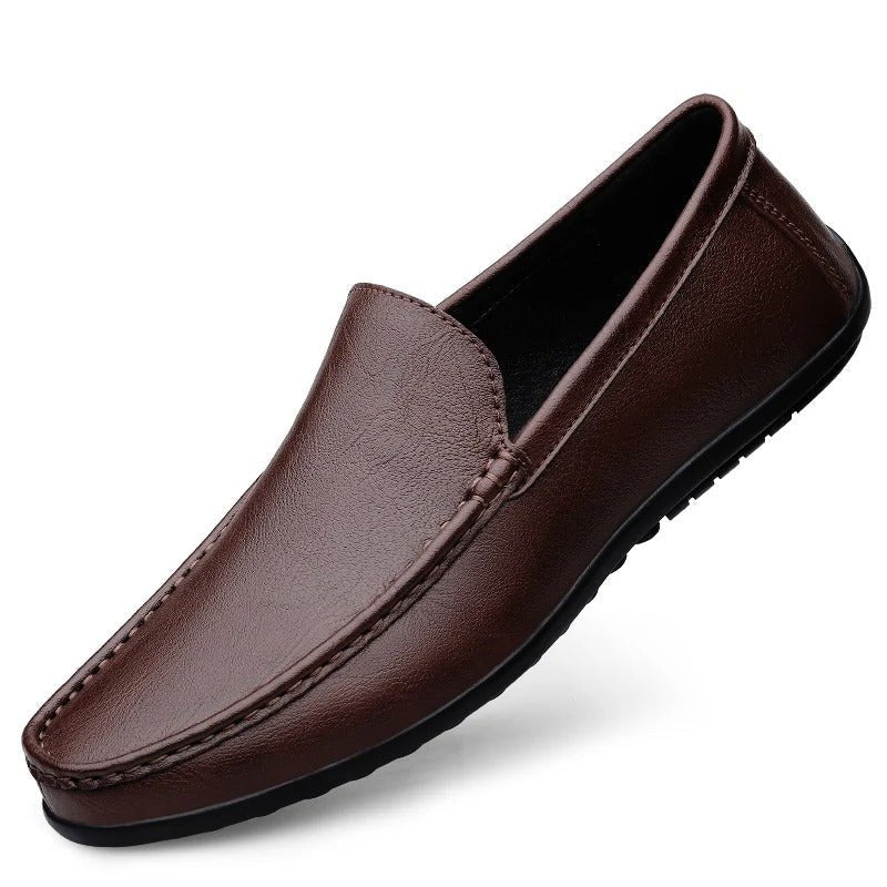 Men’s dark brown leather slip-on loafer with moc toe stitching and rubber sole