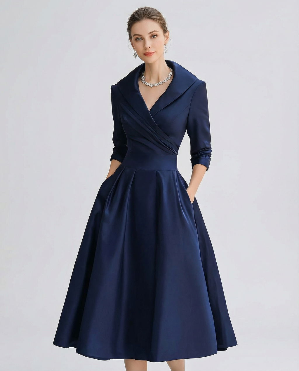 Women's A-line summer dress with lapel wrap bodice, cinched waist, 3/4 sleeves, navy