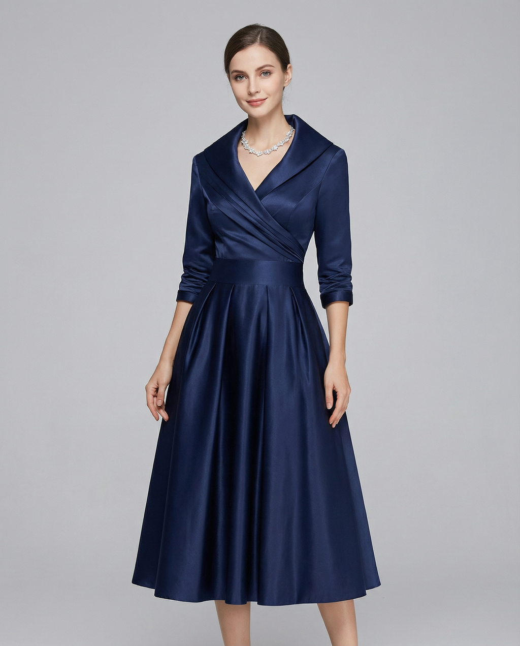 Women's A-line summer dress with lapel neckline, cinched waist, 3/4 sleeves, dark blue