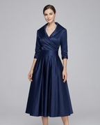 Women's A-line summer dress with lapel neckline, cinched waist, 3/4 sleeves, dark blue