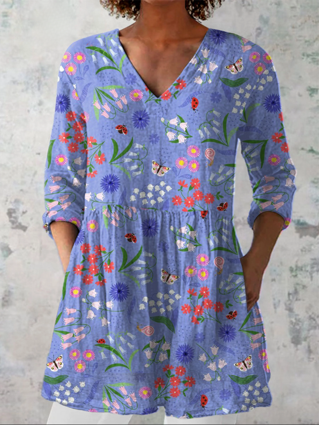 Purple-blue floral V-neck drapey blouse, relaxed fit, 3/4 sleeves