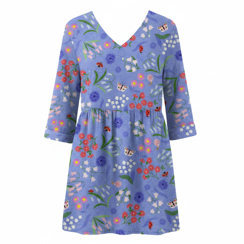 Purple-blue patterned V-neck tiered blouse with 3/4 sleeves, relaxed fit