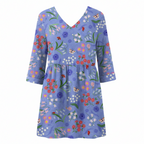Purple-blue patterned V-neck tiered blouse with 3/4 sleeves, relaxed fit