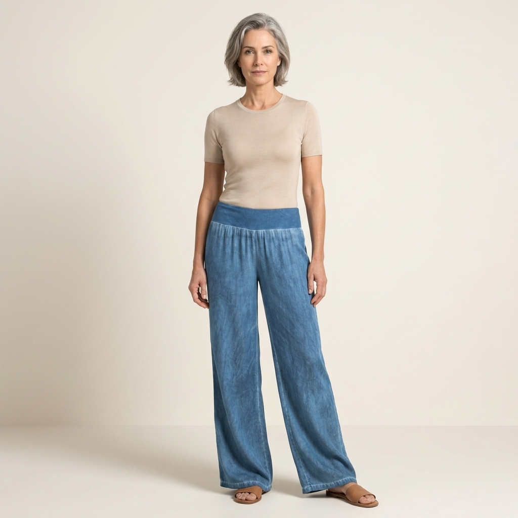 Women's relaxed wide-leg trousers with elastic waistband, dark blue, lightweight casual