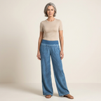 Women's relaxed wide-leg trousers with elastic waistband, dark blue, lightweight casual