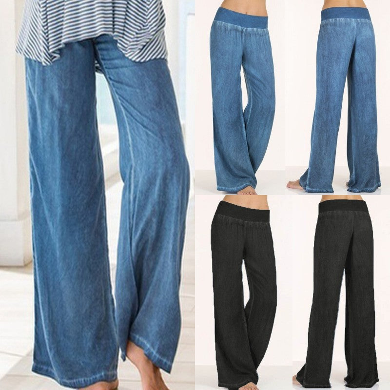 Dark blue relaxed wide-leg trousers, long loose fit with elastic waistband and open hem