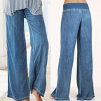 Dark blue relaxed wide-leg trousers from the back view, elastic waistband and wide legs