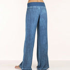 Dark blue relaxed wide-leg trousers viewed from behind, full length wide flare