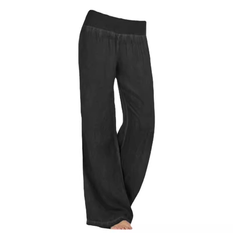 Black relaxed wide-leg trousers with elastic waistband and full-length loose legs