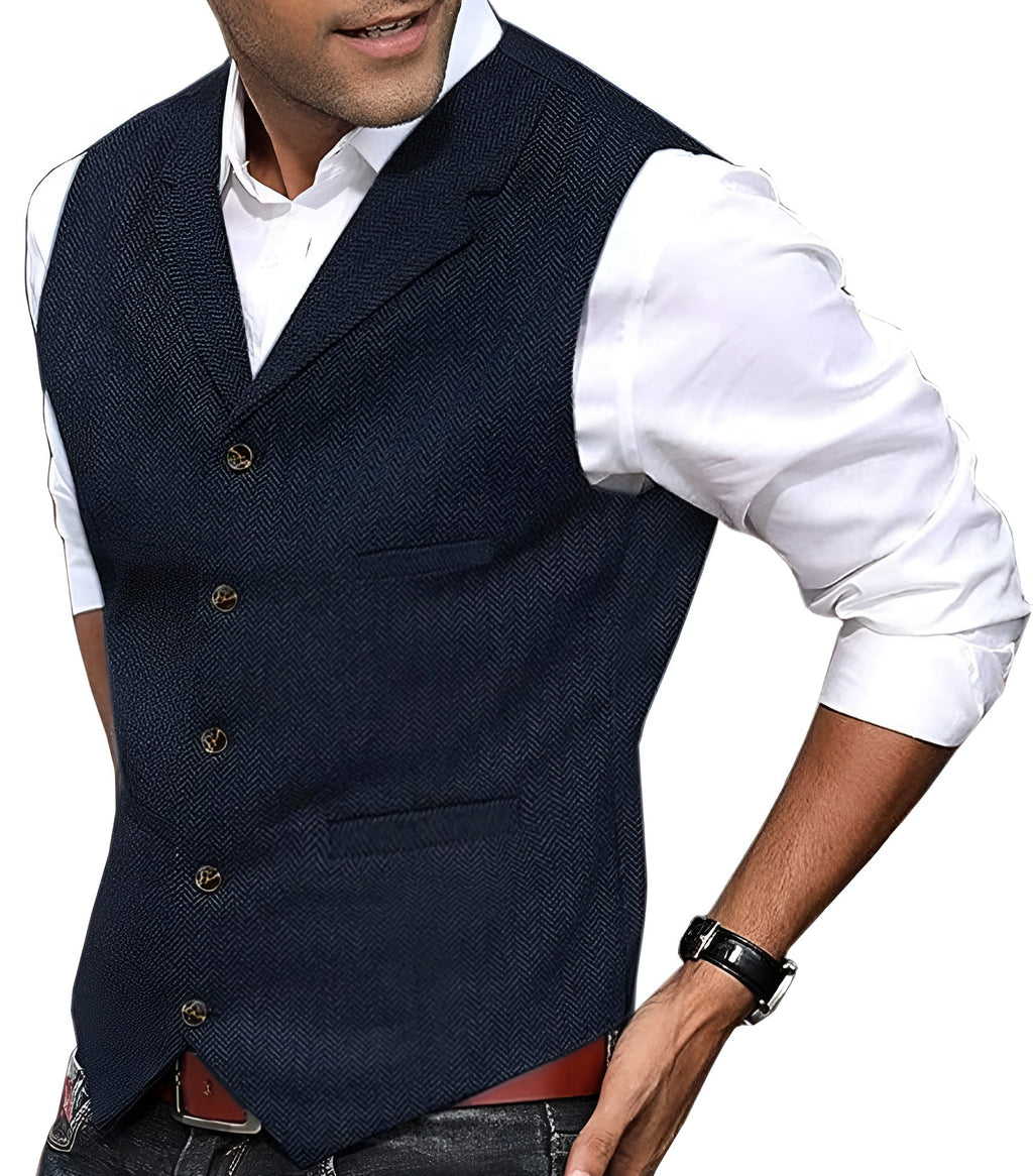 Men's vintage dark blue vest with V-neck, gold buttons, welt pockets