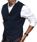 Men's vintage dark blue vest with V-neck, gold buttons, welt pockets