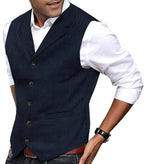 Men's vintage dark blue vest with V-neck, gold buttons, welt pockets