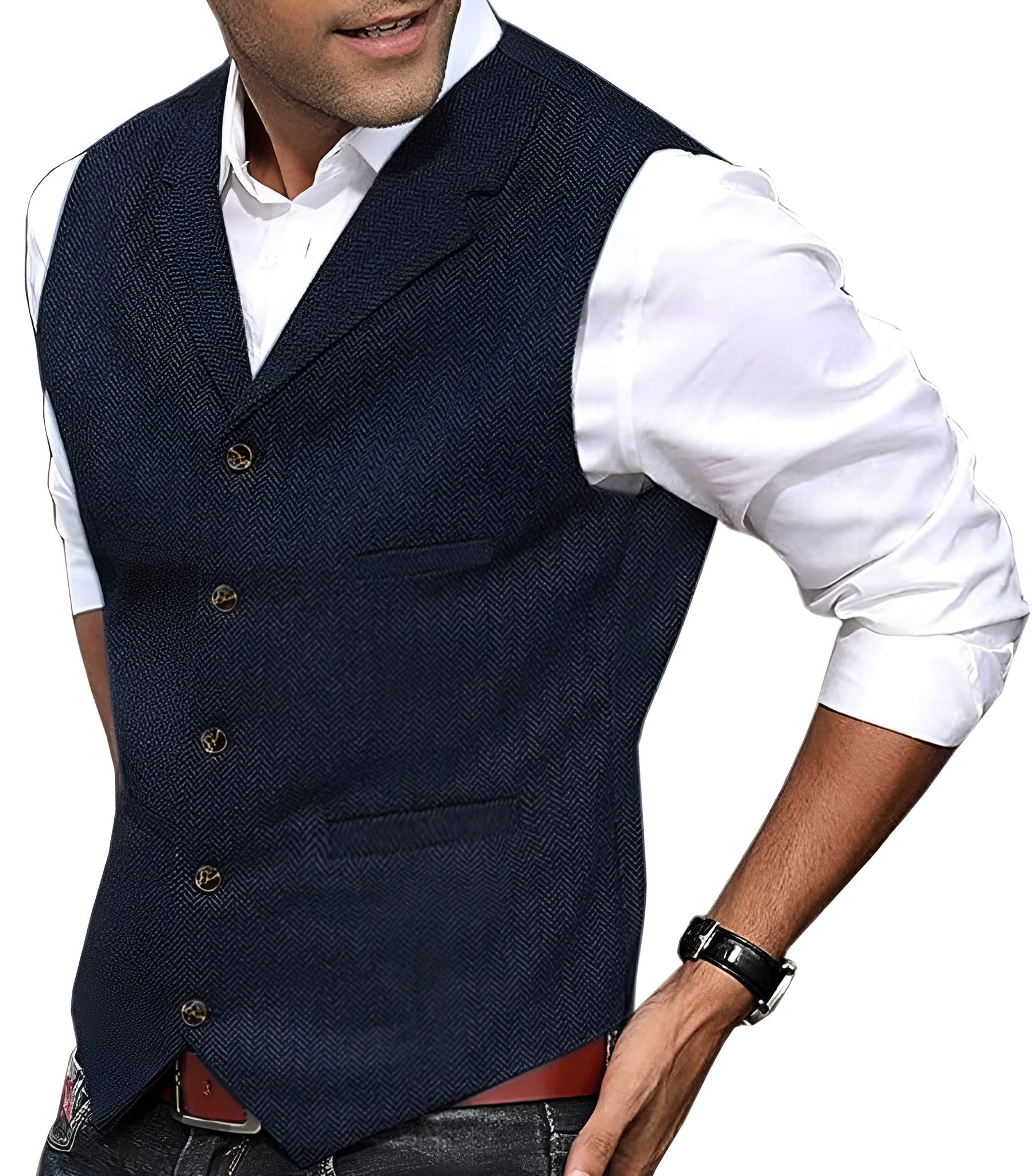Men's vintage dark blue vest with V-neck, gold buttons, welt pockets