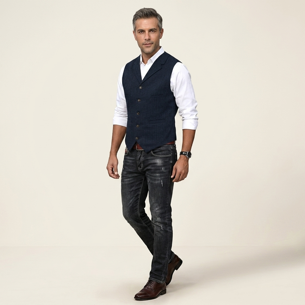Men's dark blue modern-fit waistcoat vest, sleeveless with button front and V-neck