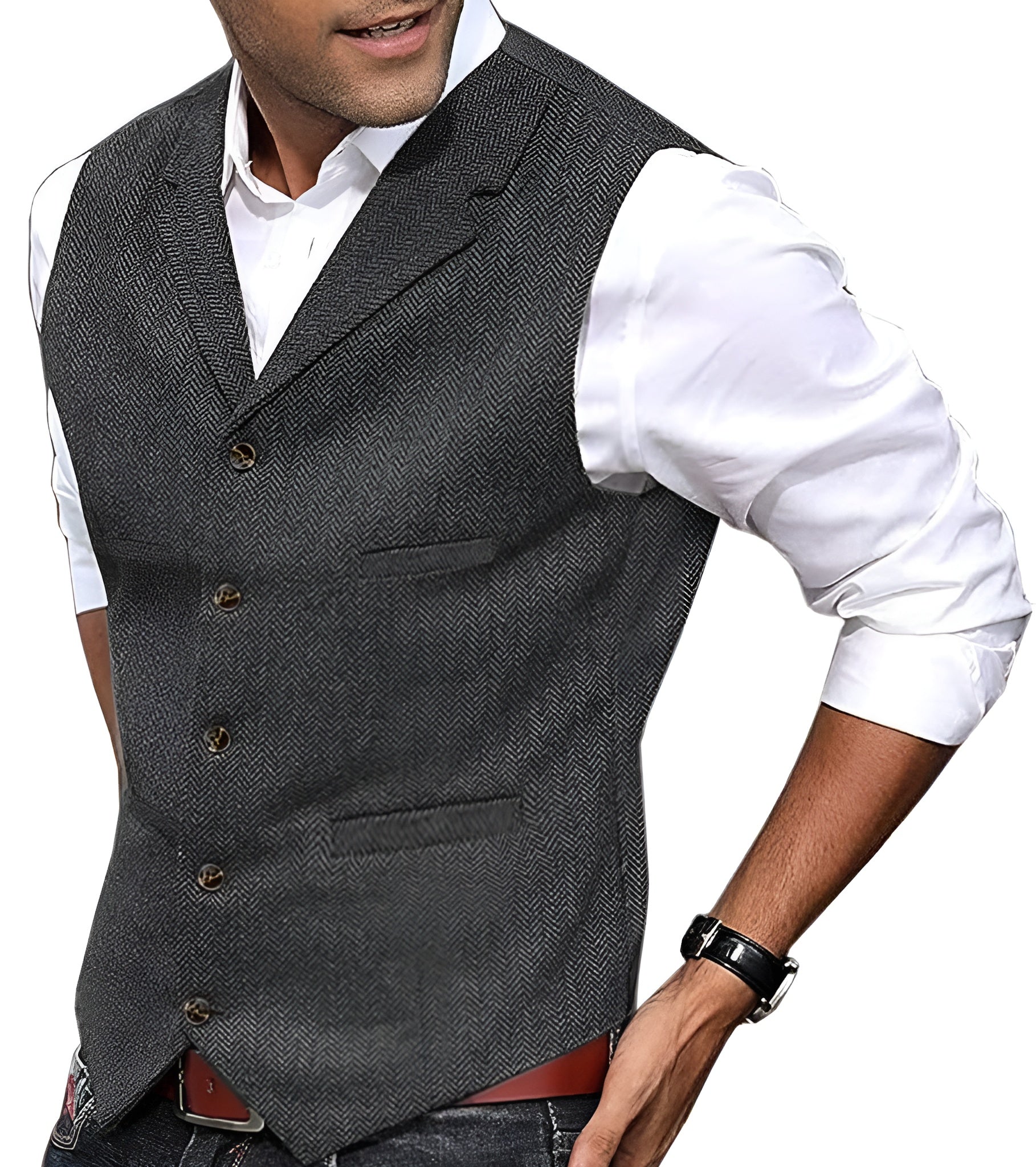 Men's vintage gray vest with V-neck, gold buttons, welt pockets