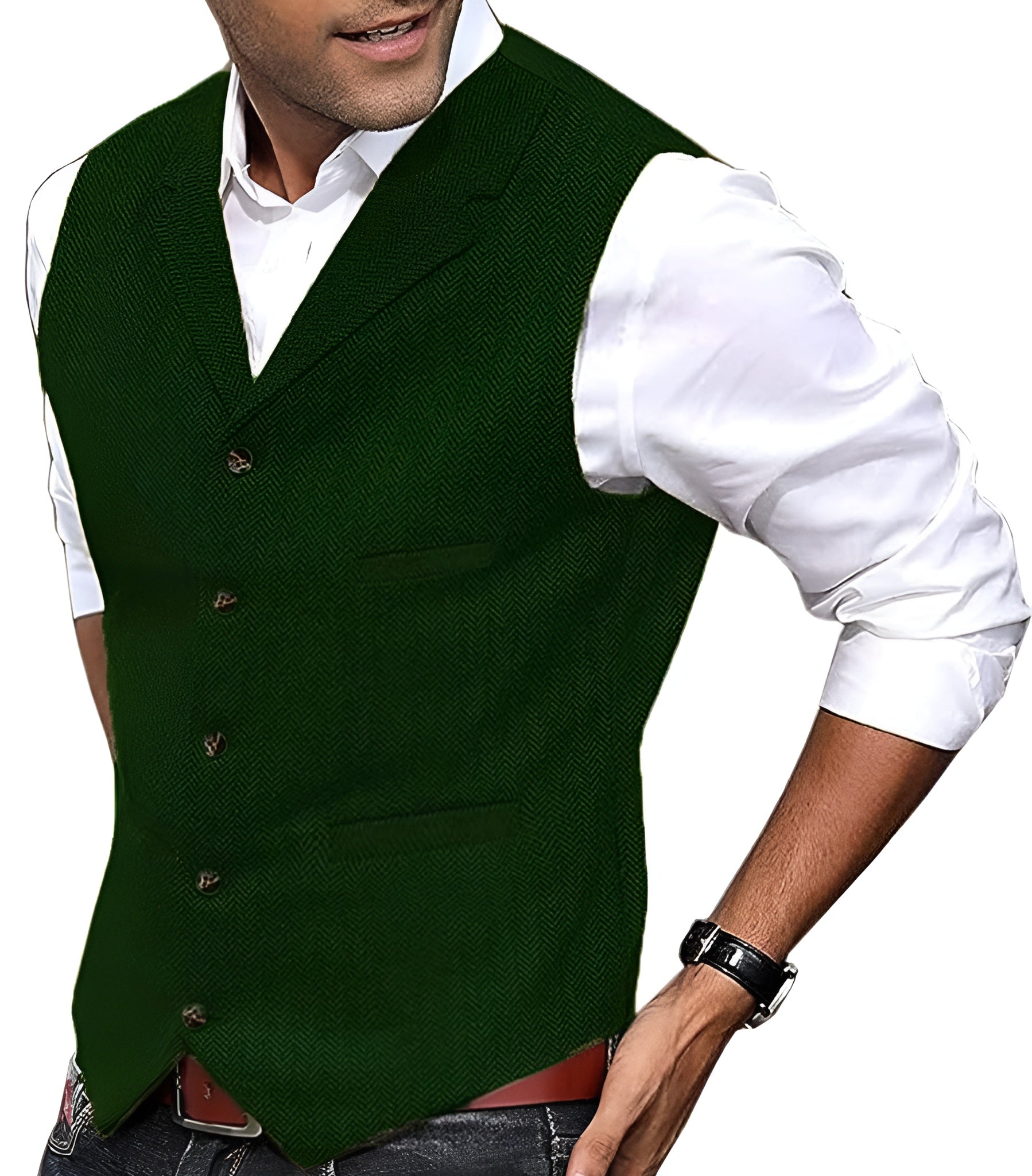 Men's vintage green vest with V-neck, gold buttons, welt pockets