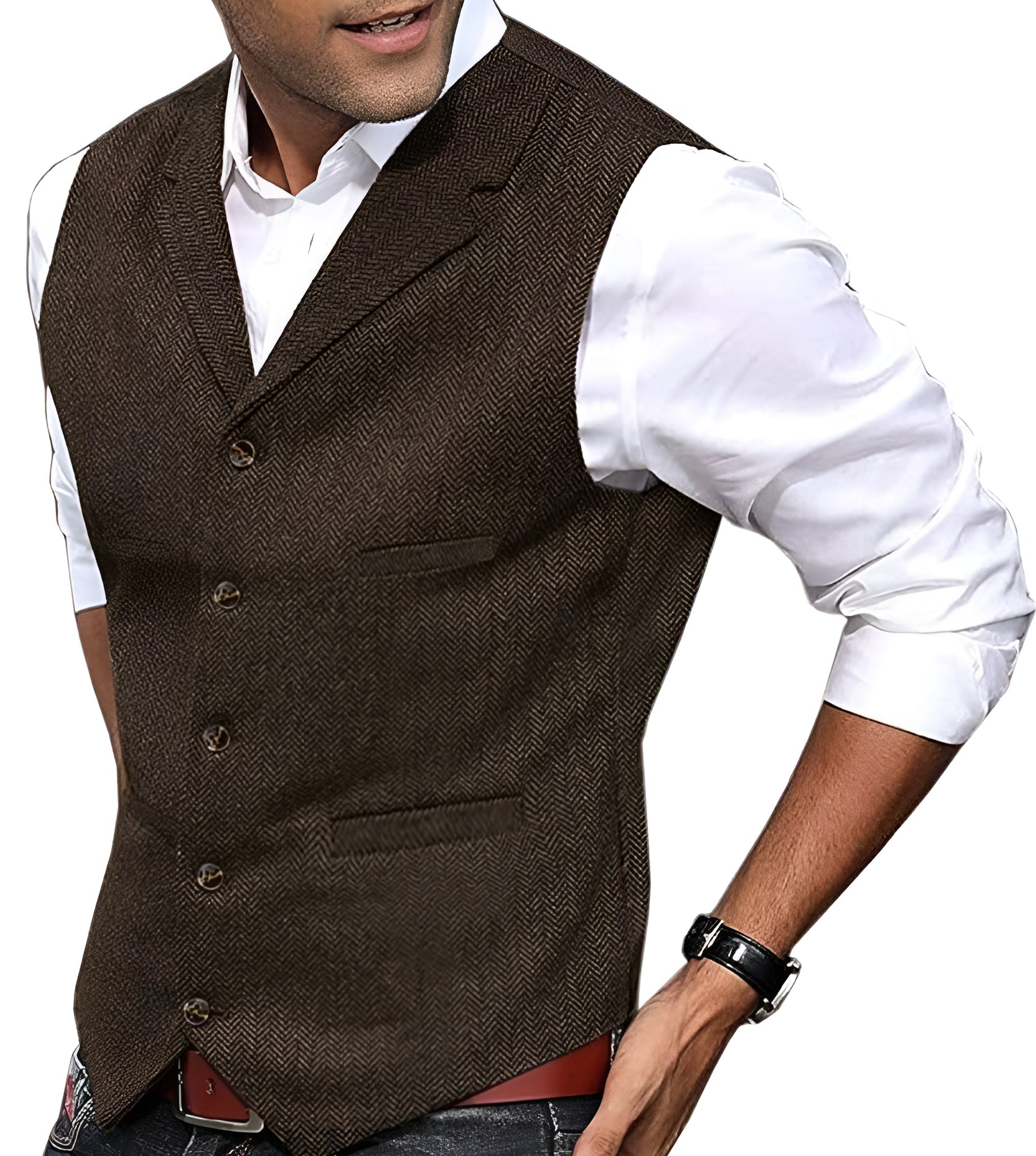 Men's vintage brown vest with V-neck, gold buttons, welt pockets