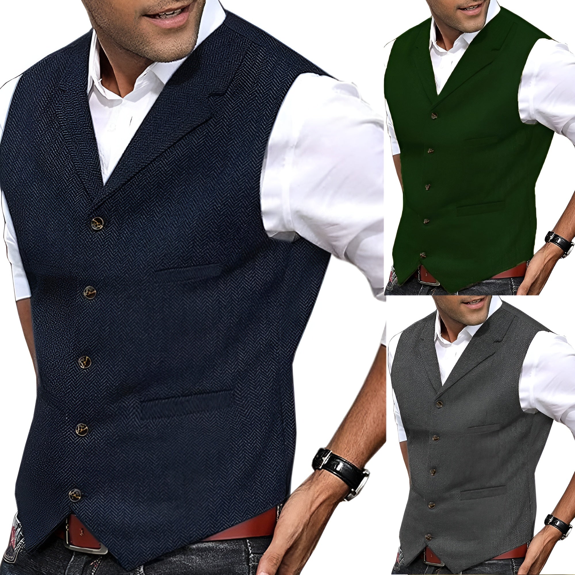 Set of men's vintage vests: dark blue, gray, green, brown; V-neck, gold buttons