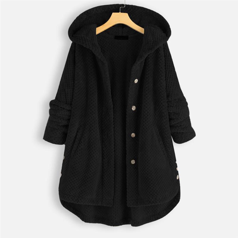 Black hooded winter coat with textured fabric, button front, long sleeves.