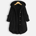 Black hooded winter coat with textured fabric, button front, long sleeves.