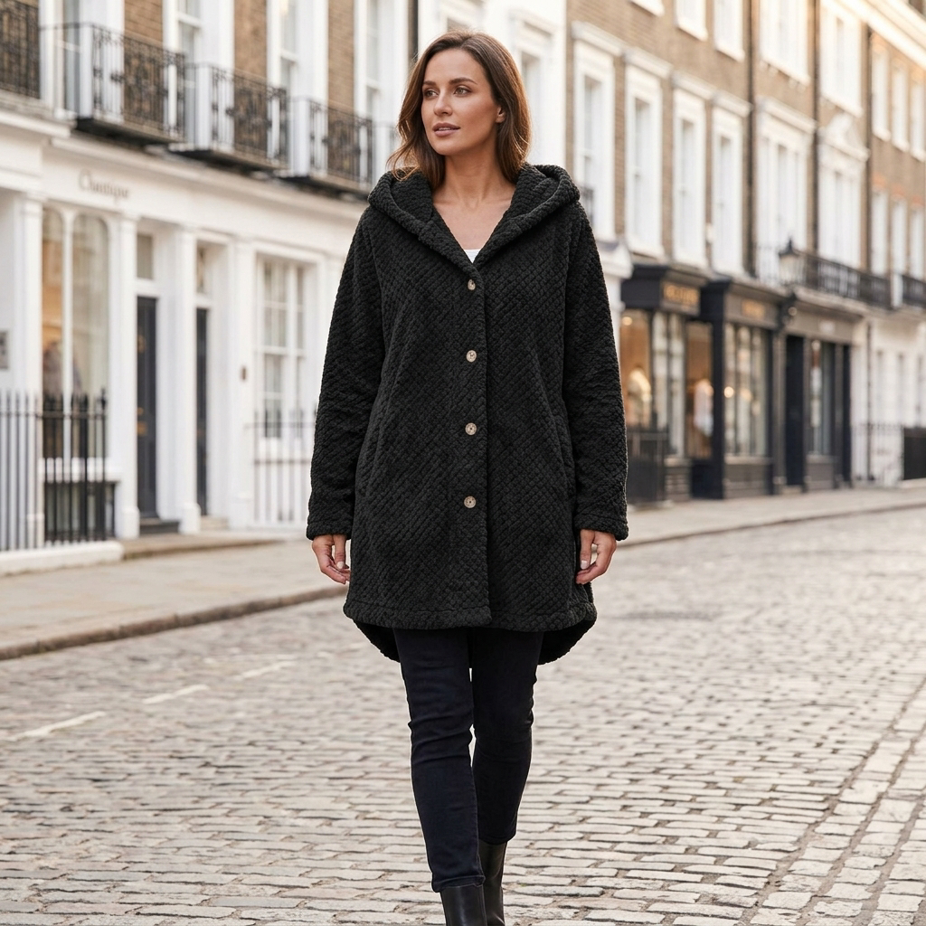 Women's hooded textured winter coat, dark with button front and side pockets