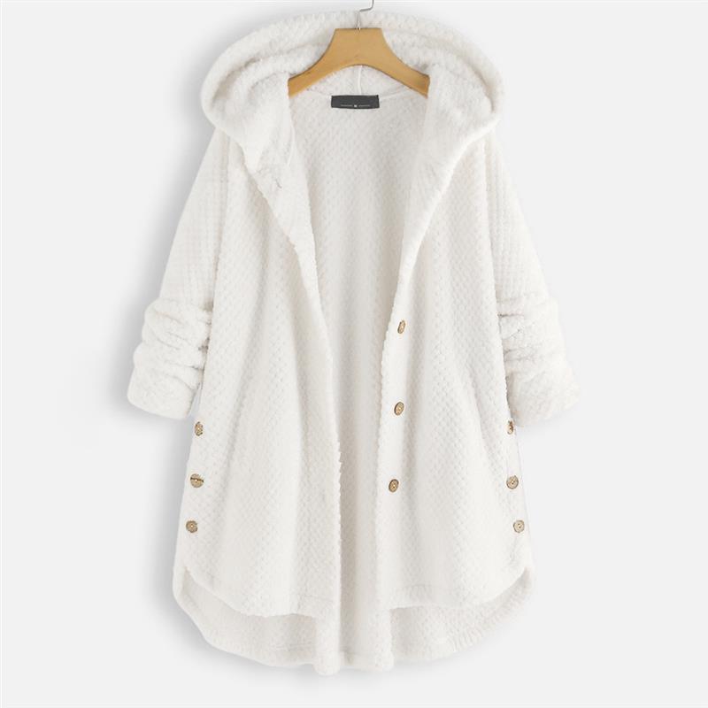 White hooded winter coat with plush lining, textured fabric, button front, long sleeves.