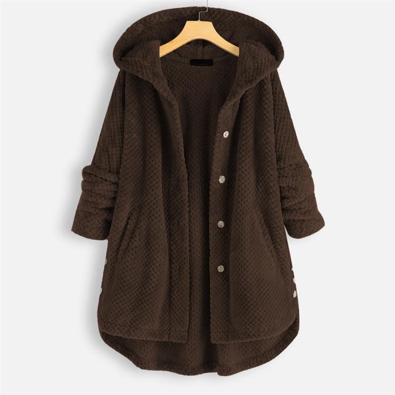 Brown hooded winter coat with textured fabric, button front, long sleeves.