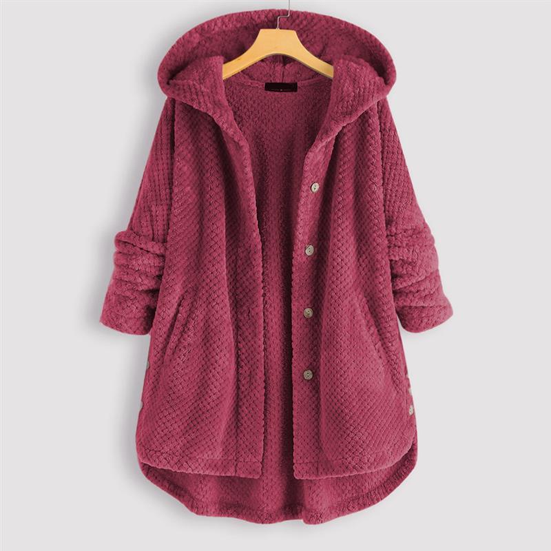 Wine red hooded winter coat with textured fabric, button front, long sleeves.