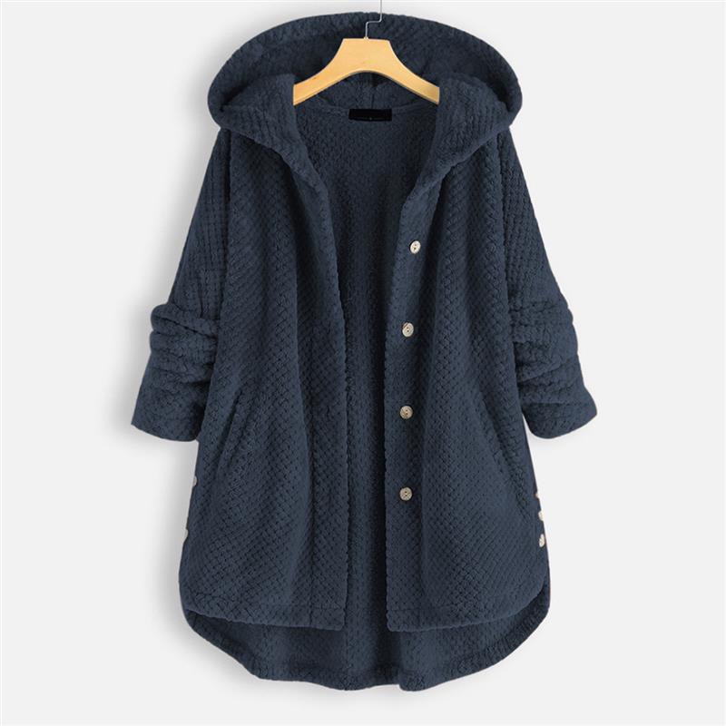 Navy blue hooded winter coat with textured fabric, button front, long sleeves.