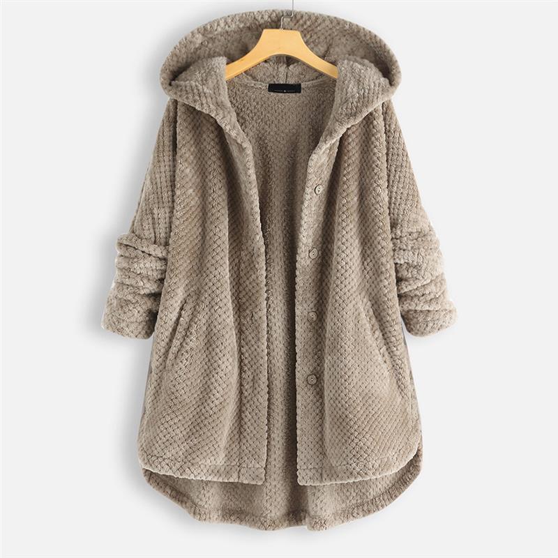 Khaki hooded winter coat with textured fabric, button front, long sleeves.