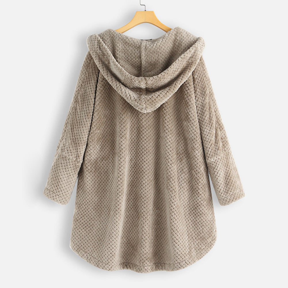 Light beige hooded winter coat with textured fabric, button front, long sleeves.