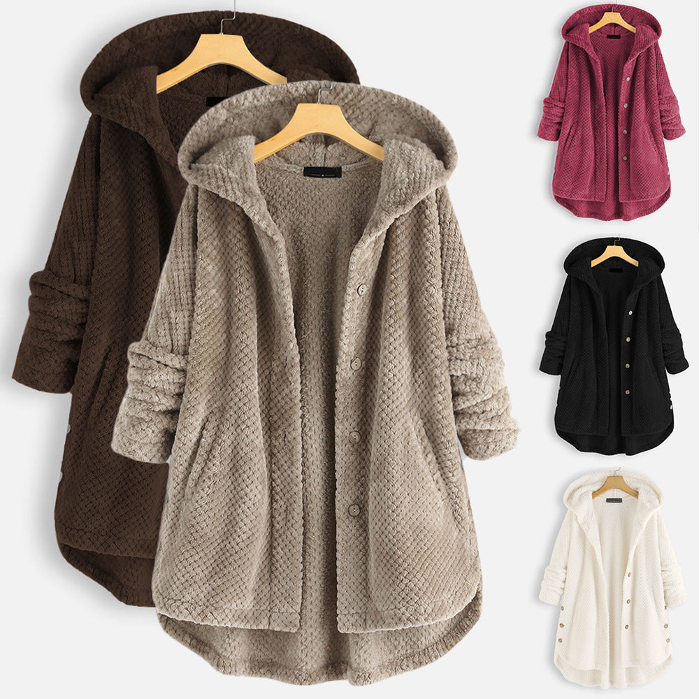 Set of hooded winter coats in brown, gray, burgundy, black, and white, button fronts.