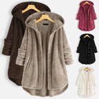 Set of hooded winter coats in brown, gray, burgundy, black, and white, button fronts.