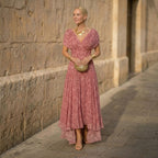 Pink off-shoulder pleated maxi dress with draped neckline, short sleeves